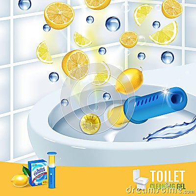 Citrus fragrance toilet cleaner gel disc ads. Vector realistic Illustration with toilet bowl gel dispenser and gel discs. Poster. Vector Illustration