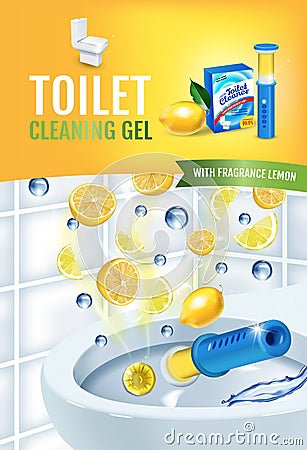 Citrus fragrance toilet cleaner gel disc ads. Vector realistic Illustration with toilet bowl gel dispenser and gel discs. Vertical Vector Illustration