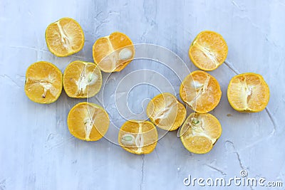 Citrus fruit on dark grey concrete table. Food background. Healthy eating and diet. Stock Photo