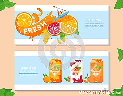 Citrus fruit juice vector illustration set, cartoon flat summer advertising banners with orange splashes, slices, juice Vector Illustration