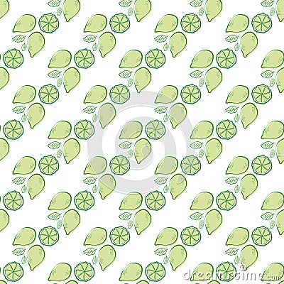 Citrus fruit and minty leaves vector seamless pattern background. Retro green white backdrop with mint lemonade Cartoon Illustration