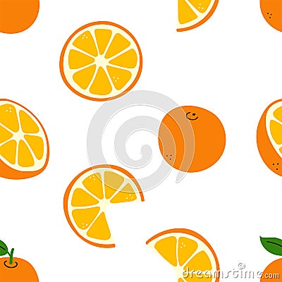 Citrus fruit. Oranges. Orange whole and cut, half and slices. Vitamin C. Vector seamless pattern with elements in warm Vector Illustration