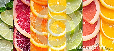 Citrus fruit products collage with white vertical lines bright white light, 7 segments Stock Photo