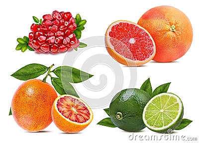 Citrus Fruit Set orange, grapefruit, lime, pomegranate isolated on white Stock Photo