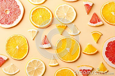 Citrus fruit slices of lemon, orange, grapefruit on yellow background. Stock Photo