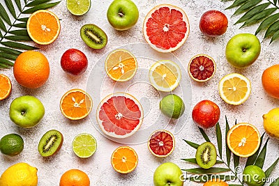 Citrus fruits background mix flat lay, summer healthy vegetarian food, antioxidant detox nutrition diet Stock Photo