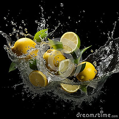 Citrus Fruits on black background with water splash Stock Photo