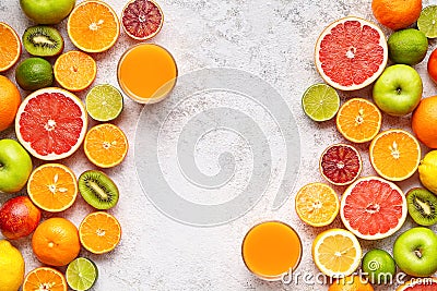 Citrus fruits frame vegan vitamin mix flat lay on white background, healthy vegetarian organic food Stock Photo