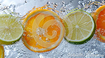 Citrus fruits in a splash of water, macro shots of soda or fruit juice, generated AI Stock Photo