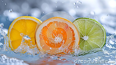 Citrus fruits in a splash of water, macro shots of soda or fruit juice, generated AI Stock Photo