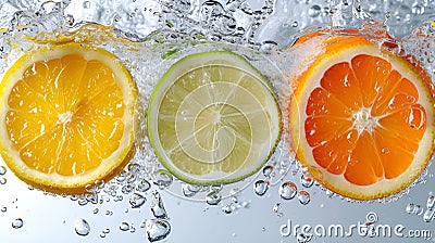 Citrus fruits in a splash of water, macro shots of soda or fruit juice, generated AI Stock Photo