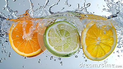 Citrus fruits in a splash of water, macro shots of soda or fruit juice, generated AI Stock Photo