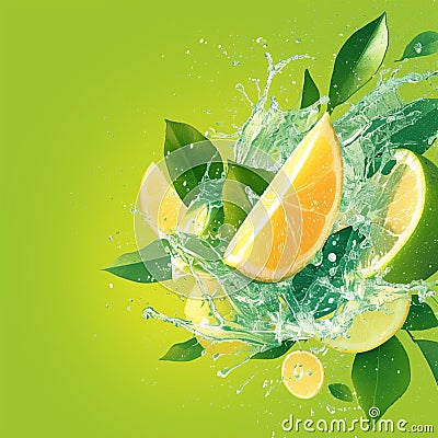 Citrus fusion Lemons and green tea leaf get a splash Stock Photo