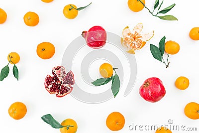 Citrus and garnet fruits on white background. Flat lay. Top view Stock Photo