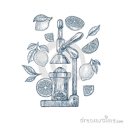 Citrus juice squeezer and lemons. Engraved vintage style illustration. Vector illustration Vector Illustration