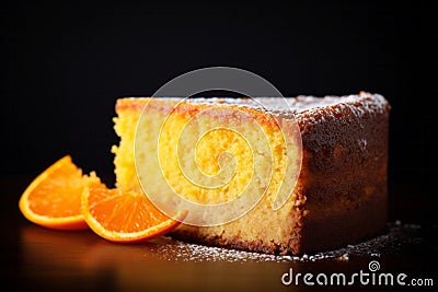 Citrus orange cake bakery with sugar powder on bark backdrop Stock Photo