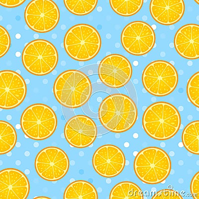 Citrus round piece. Lemon and orange Seamless pattern. Vector illustration on blue polka dot textured Vector Illustration