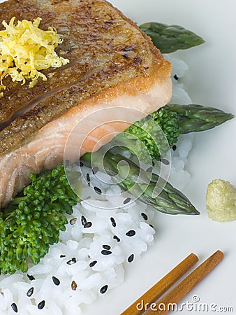 Citrus Salmon Fillet on Rice Steamed Vegetables Stock Photo