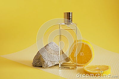 citrus scent, perfume with lemon scent concept, concrete block fragment Stock Photo