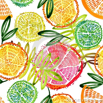 citrus seamless pattern. Hand drawn fresh tropical plant waterecolor illustration. Cartoon Illustration