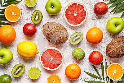 Citrus sliced fruits background flat lay, healthy vegetarian organic food Stock Photo