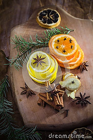 Citrus spices Lemon orange cloves cinnamon ginger Ingredients me Stock Photo