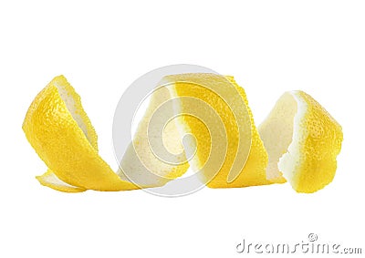 Citrus twist peel on white background. Spiral of lemon skin Stock Photo