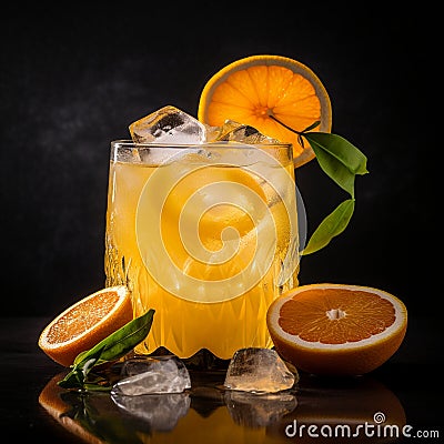 Citrusy Orange and Lemon Drink in Glass with Fresh Oranges Stock Photo