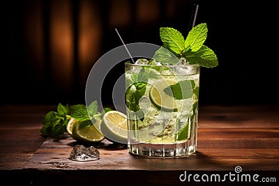 Citrusy Mojito cocktail green glass. Generate Ai Stock Photo