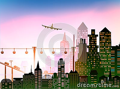 City airport and airplane over the city Cartoon Illustration