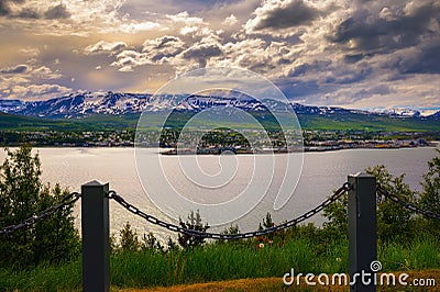City of Akureyri with snowy mountains and fjord Eyjafjordur in northern Iceland Stock Photo