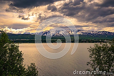 City of Akureyri with snowy mountains and fjord Eyjafjordur in northern Iceland Stock Photo