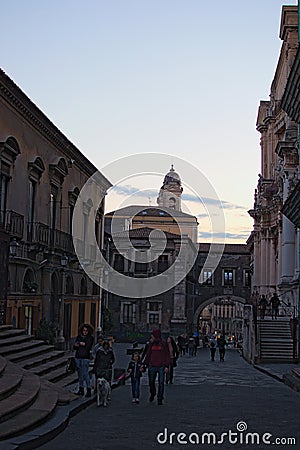 City architecture at dusk looks mysterious. Old streets are full of tourists at any time of year Editorial Stock Photo