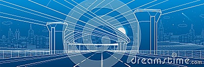 City architecture and infrastructure illustration, automotive overpass, big bridges, urban scene. Night town. White lines on blue Vector Illustration