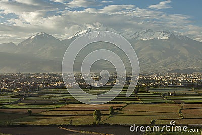 City of Arequipa, Peru with its fields and volcano Chachani Stock Photo