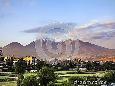 City of Arequipa, Peru with its iconic volcano Chachani in the Stock Photo