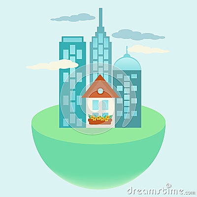 City around house on a globe Vector Illustration