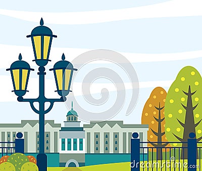 City autumn landscape - building, garden and street lighting. Vector Illustration