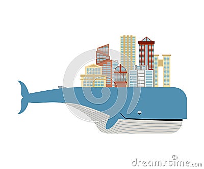 City on back of whale. Metropolis on big fish. Ecologically cle Vector Illustration