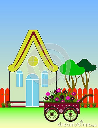 City Background with Suburban House Front View Building and Carriage with flowers. Vector Illustration