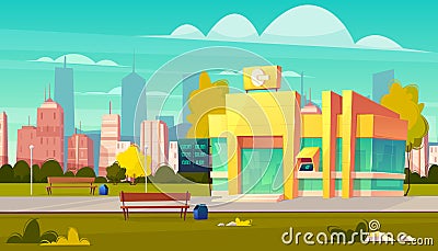 Modern city bank office building cartoon vector Vector Illustration