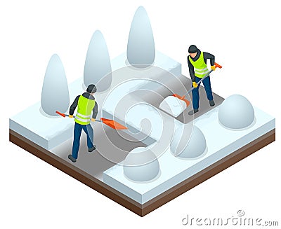 City after blizzard. Municipal workers removing snow and ice from streets. Isometric vector illustration Vector Illustration