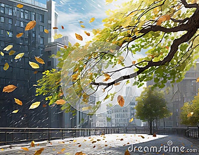 City breeze: trees and leaves in windy urban scene Stock Photo