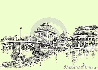 City bridge over the river hand drawing Vector Illustration