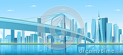 City bridge over water bay vector illustration, cartoon flat modern new bridge to downtown futuristic metropolis, blue Vector Illustration