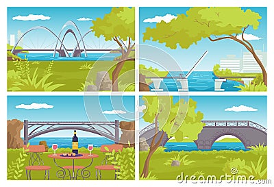 City bridge set design, vector illustration. Architecture building at urban landmark, road construction above river Vector Illustration
