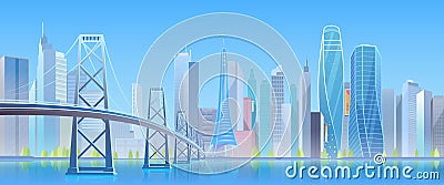 City bridge vector illustration, cartoon flat modern urban blue futuristic skyline, cityscape with tower skyscrapers in Vector Illustration
