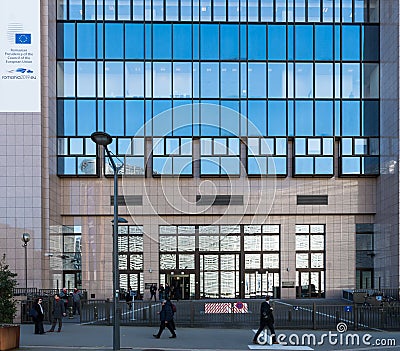 City of Brussels - Belgium - Facade of the House of Europe, annuncing the Romanian Presidency of the Council of the European Union Editorial Stock Photo