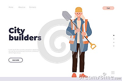 City builders landing page design template offering professional service of industrial workers team Vector Illustration