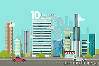 City buildings along street road vector illustration, cityscape flat cartoon style, modern big hight skyscrapers Vector Illustration